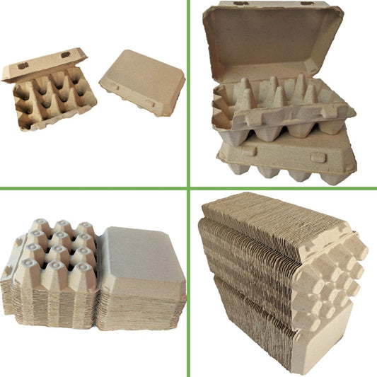 Tan and white vintage cardboard egg cartons in a 3x4 design, available in packs of 25, 65, and 200 from My Pet Chicken
