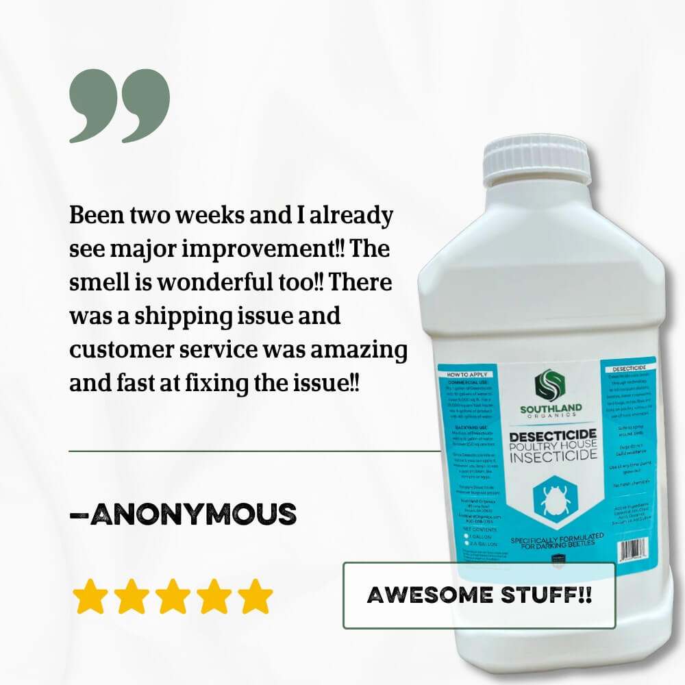 Southland Organics quart bottle of natural insecticide for poultry, featuring a green label and sprayer top.