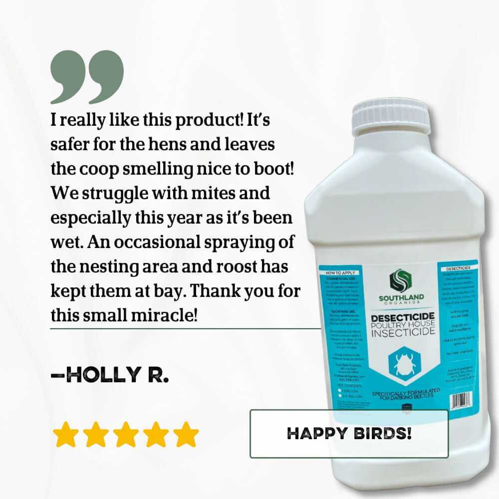 Natural insecticide for poultry in a quart bottle by Southland Organics, effective against mites and darkling beetles.