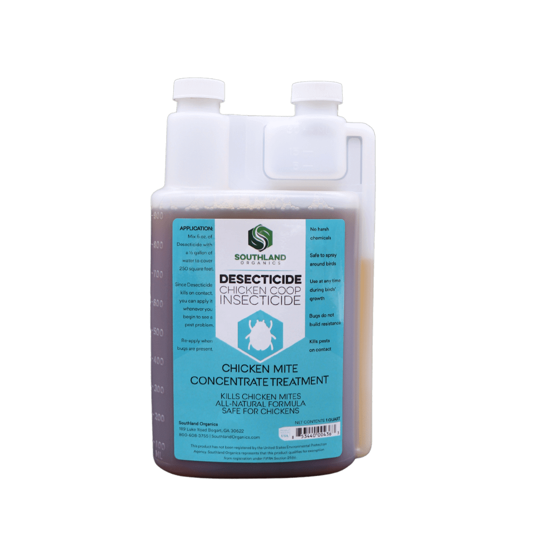 Southland Organics natural insecticide in a quart bottle for poultry, effective against chicken mites and darkling beetles.