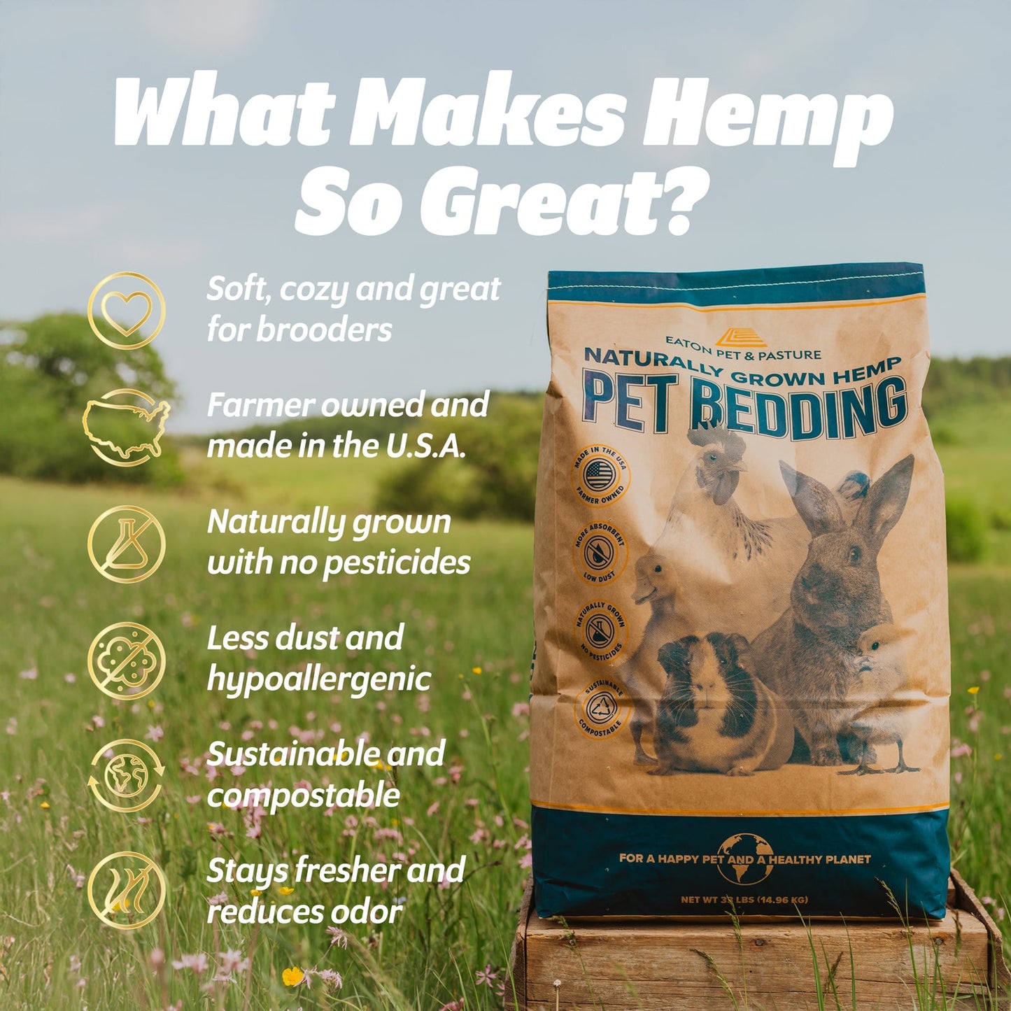Premium Hemp Pet Bedding 33lb bag by Eaton Pet and Pasture, eco-friendly, low dust, absorbent for pets and chicken coops.
