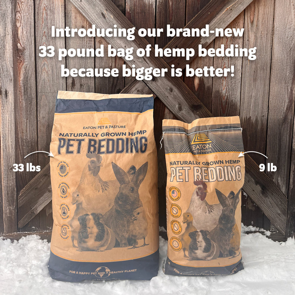 33-pound bag of Eaton Pet and Pasture hemp pet bedding, eco-friendly, low dust, suitable for various animals.