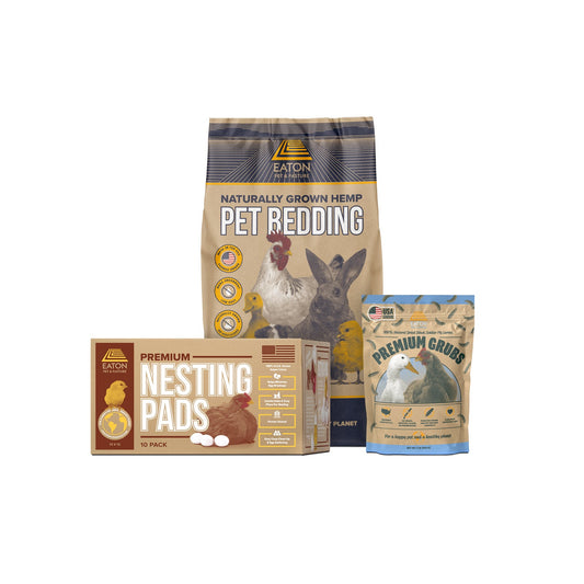 Premium chicken coop starter bundle with hemp bedding, nesting pads, and chicken grubs from Eaton Pet and Pasture.