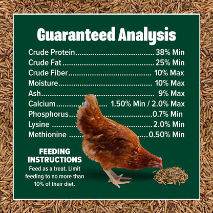 Premium USA black soldier fly larvae chicken treats in a dried-grub form, high in calcium, by Eaton Pet and Pasture.