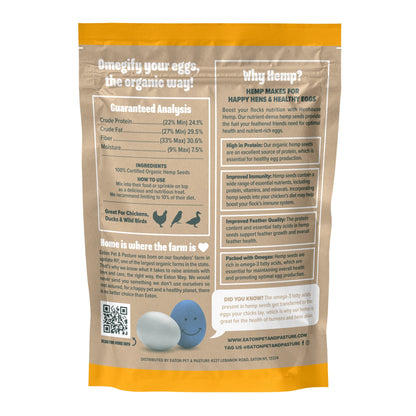 Hemp organic chicken feed supplement by Eaton Pet and Pasture, 4 lb bag with nutritional analysis and natural ingredients.
