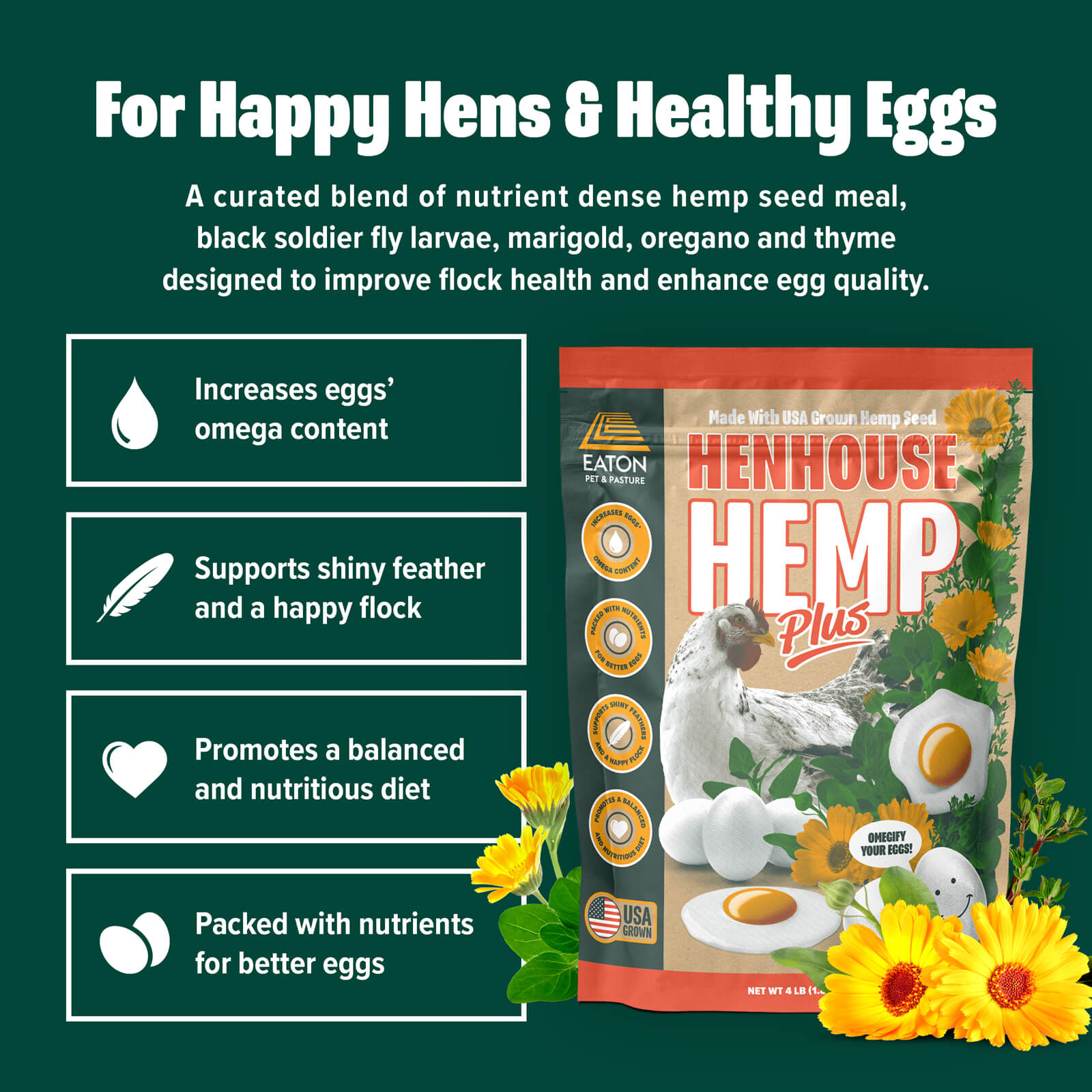 Natural chicken feed supplement with hemp and black soldier fly larvae, promoting health for happier hens by Eaton Pet and P