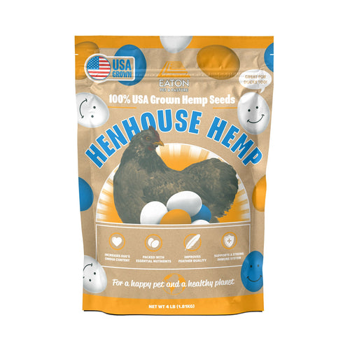 Organic chicken feed supplement in a colorful 4 lb bag, featuring a hen and hemp seeds, by Eaton Pet and Pasture.