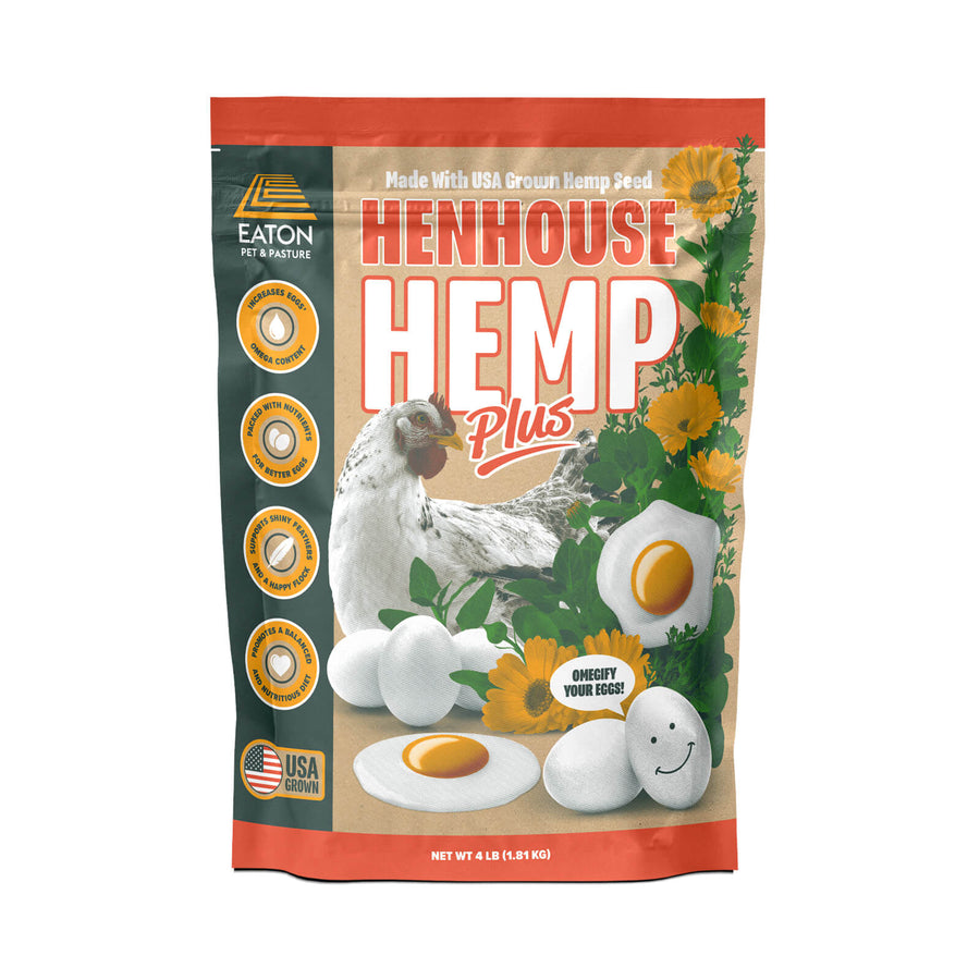 Natural chicken feed supplement with omega-3, featuring hemp and black soldier fly larvae, by Eaton Pet and Pasture.