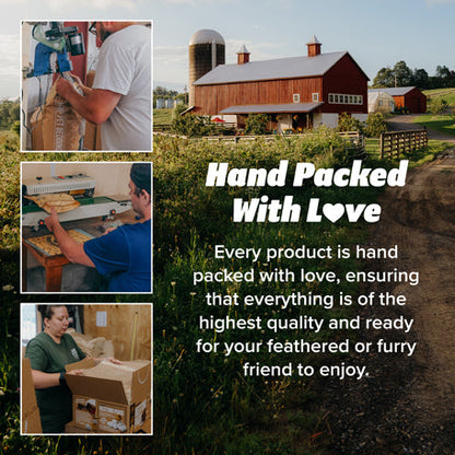 Collage of people packaging products with a farm scene and text about hand-packed quality.