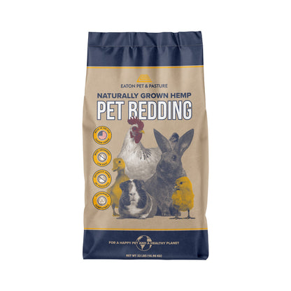 Premium hemp pet bedding in 33lb bag, eco-friendly, low dust, suitable for small animals and chicken coops.
