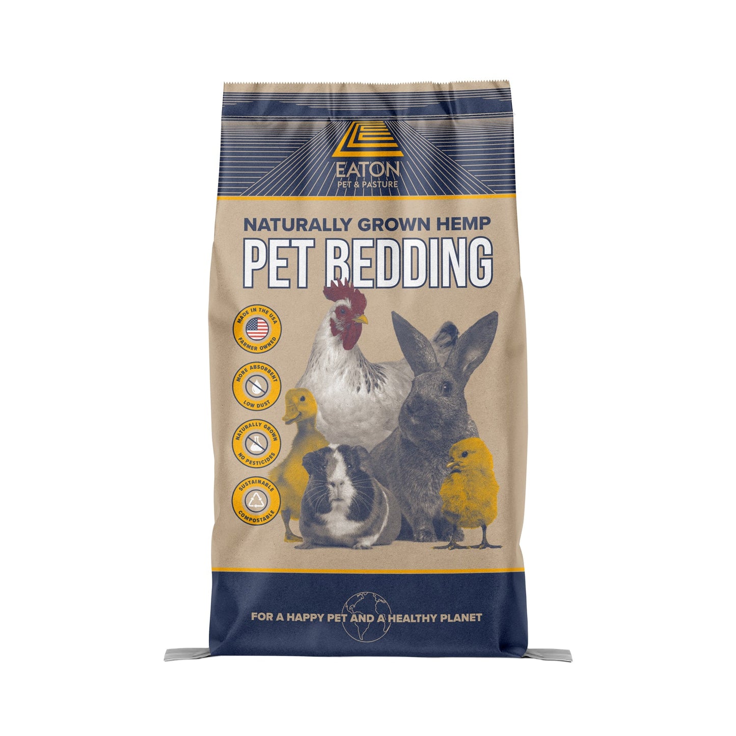 Premium Hemp Pet Bedding 8lb bag with chicken, rabbit, and guinea pig images, eco-friendly, low dust, absorbent.