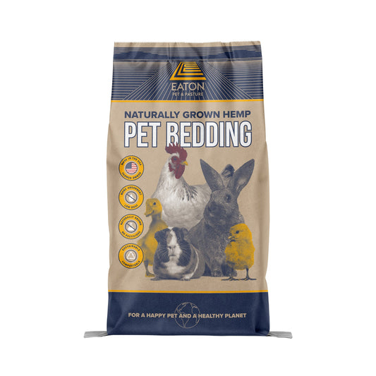 Premium Hemp Pet Bedding 8lb bag with chicken, rabbit, and guinea pig images, eco-friendly, low dust, absorbent.