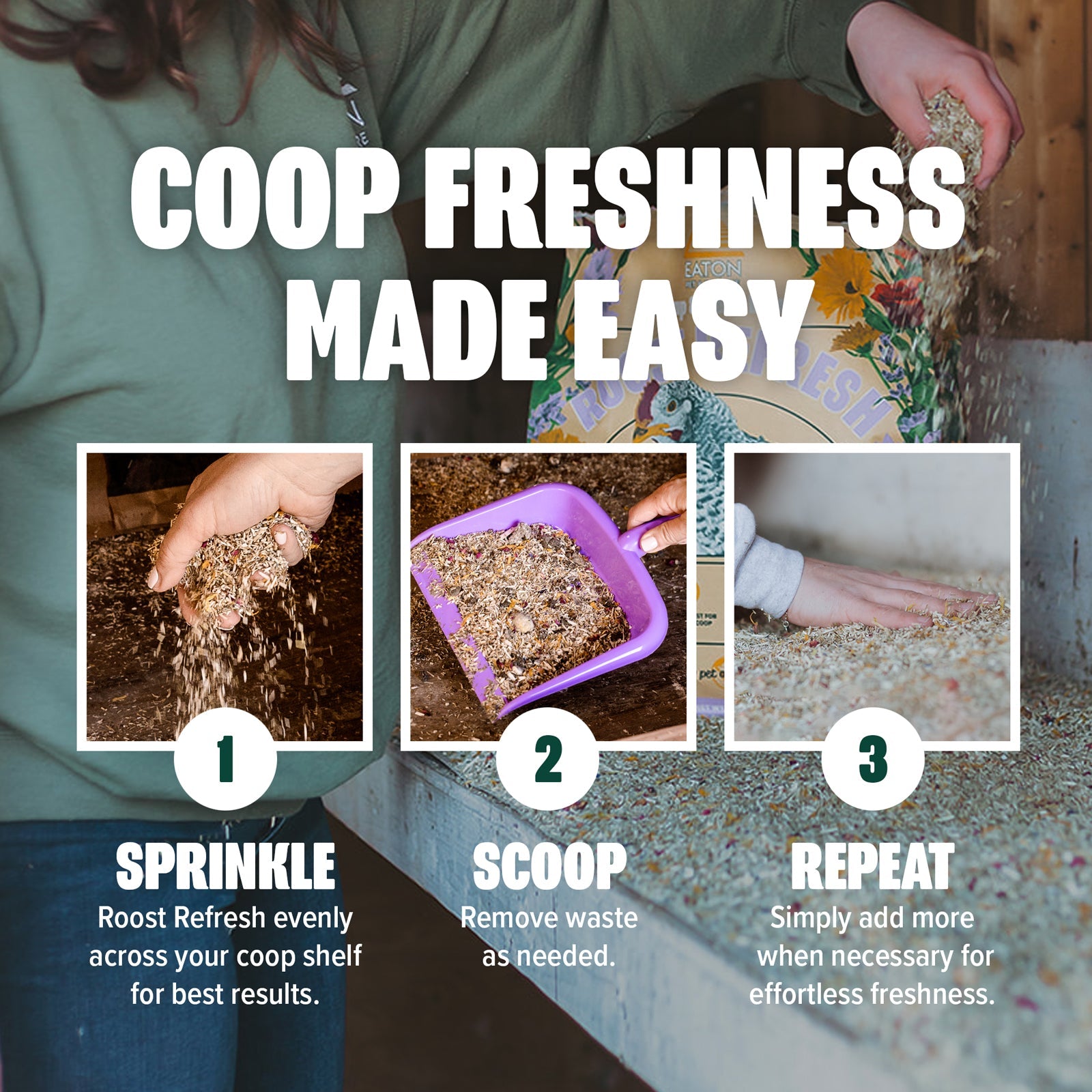 Roost Refresh Premium Hemp & Herb Freshener in 5 lb bag for chicken coops, absorbent bedding, with easy application steps.