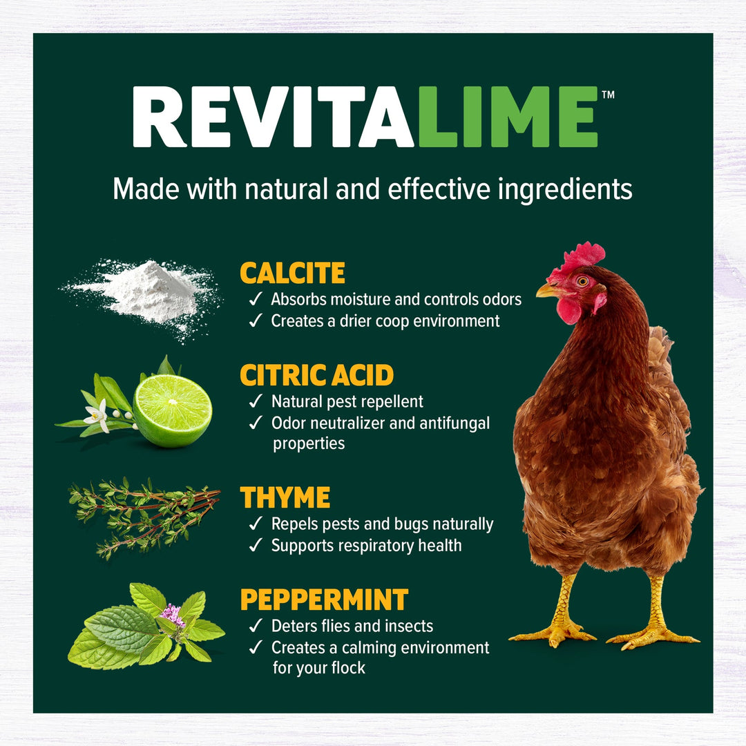 Revitalime Natural Chicken Coop Freshener by Eaton Pet and Pasture, featuring lime, calcite, thyme, and peppermint ingredien