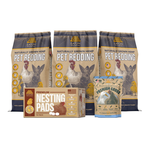 Premium chicken coop bundle with hemp bedding, nesting pads, and grubs by Eaton Pet and Pasture.