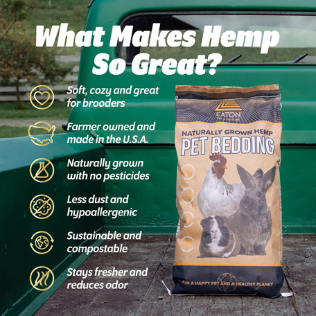 Premium hemp pet bedding by Eaton, 8lb bag, low dust, absorbent, eco-friendly for pets and poultry.