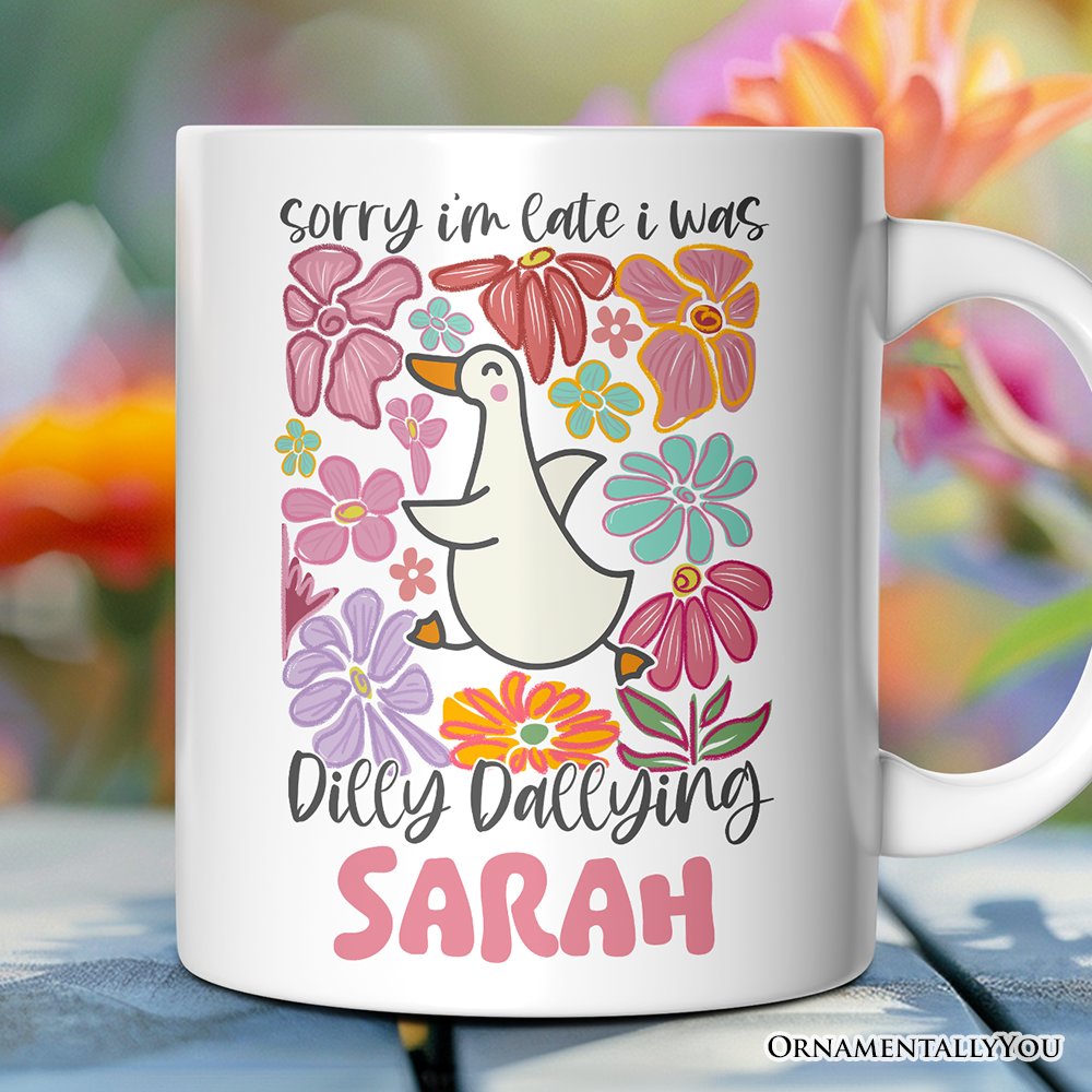 Taza personalizada "Lo siento, llegué tarde, estaba perdiendo el tiempo", regalo divertido de ganso y flores con nombre personalizado