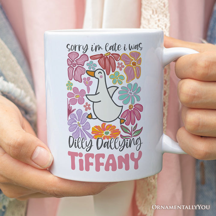 Taza personalizada "Lo siento, llegué tarde, estaba perdiendo el tiempo", regalo divertido de ganso y flores con nombre personalizado