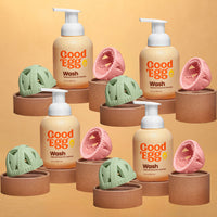 GoodEggStuff Flock Family egg brush bundle in assorted colors, featuring ergonomic handles and dishwasher-safe design.