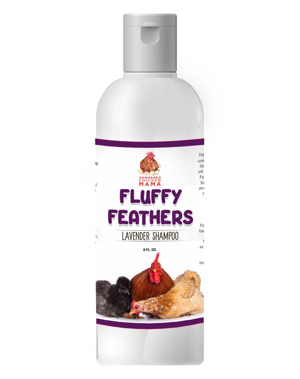 Fluffy Feathers Herbal Chicken Shampoo in Lavender, 8oz bottle by Dahlia Pets for chicken grooming and cleaning.