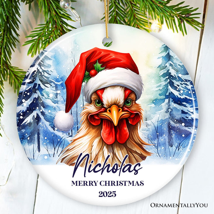 Rooster with Santa Hat Personalized Ornament Winter Forest Christmas Gift With Custom Name and Date