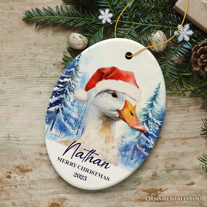 Adorno personalizado de ganso con gorro de Papá Noel, regalo navideño de bosque invernal con nombre y fecha personalizados