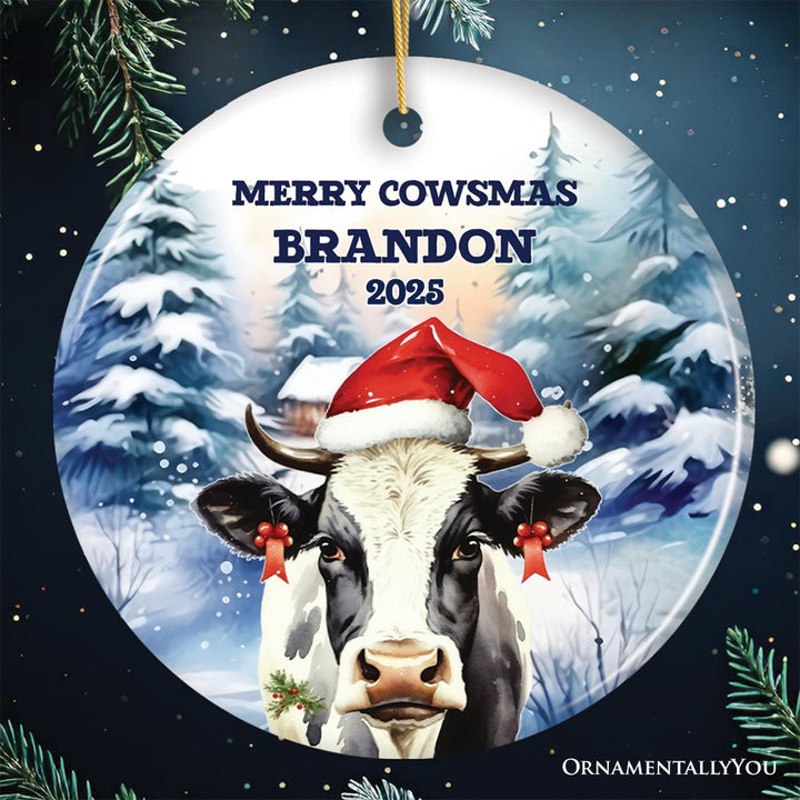 Personalized Watercolor Christmas Cow Ornament, Farmhouse Festive Merry Cowsmas Gift