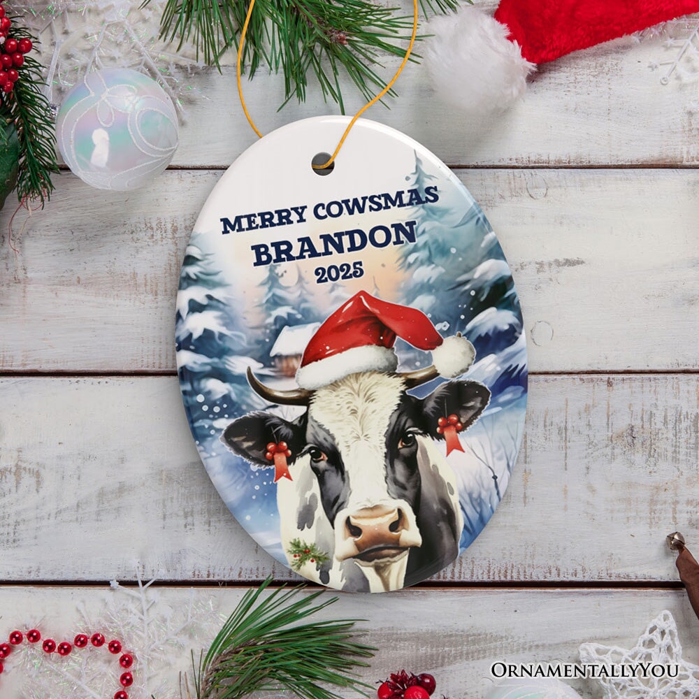 Personalized Watercolor Christmas Cow Ornament, Farmhouse Festive Merry Cowsmas Gift