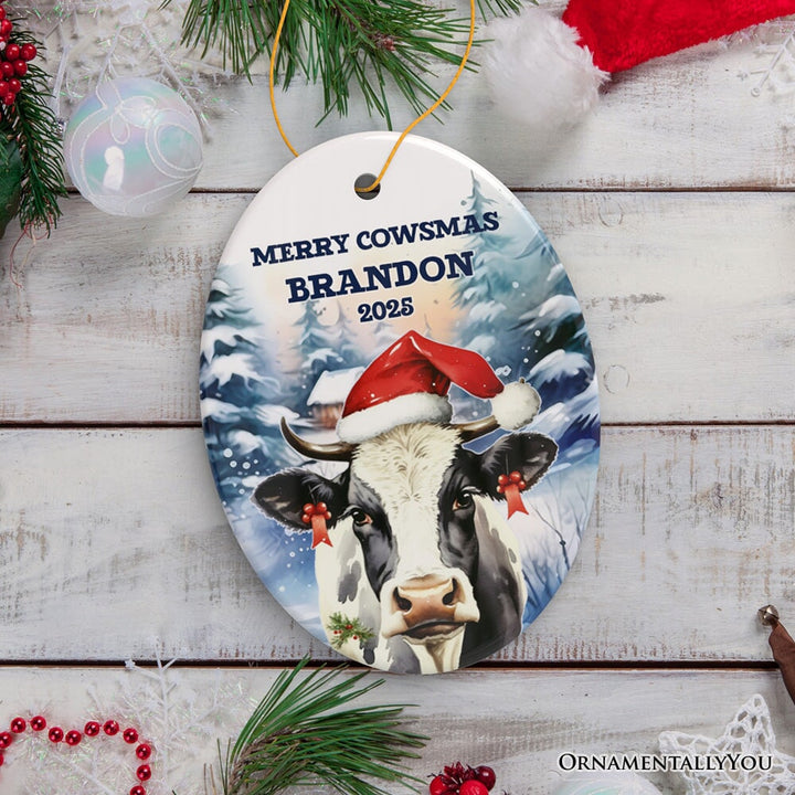 Personalized Watercolor Christmas Cow Ornament, Farmhouse Festive Merry Cowsmas Gift