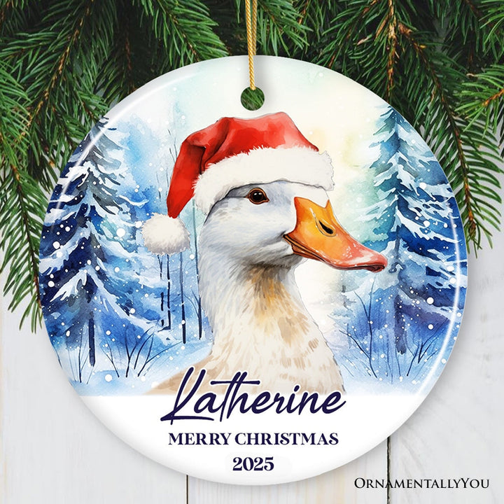 Adorno personalizado de ganso con gorro de Papá Noel, regalo navideño de bosque invernal con nombre y fecha personalizados
