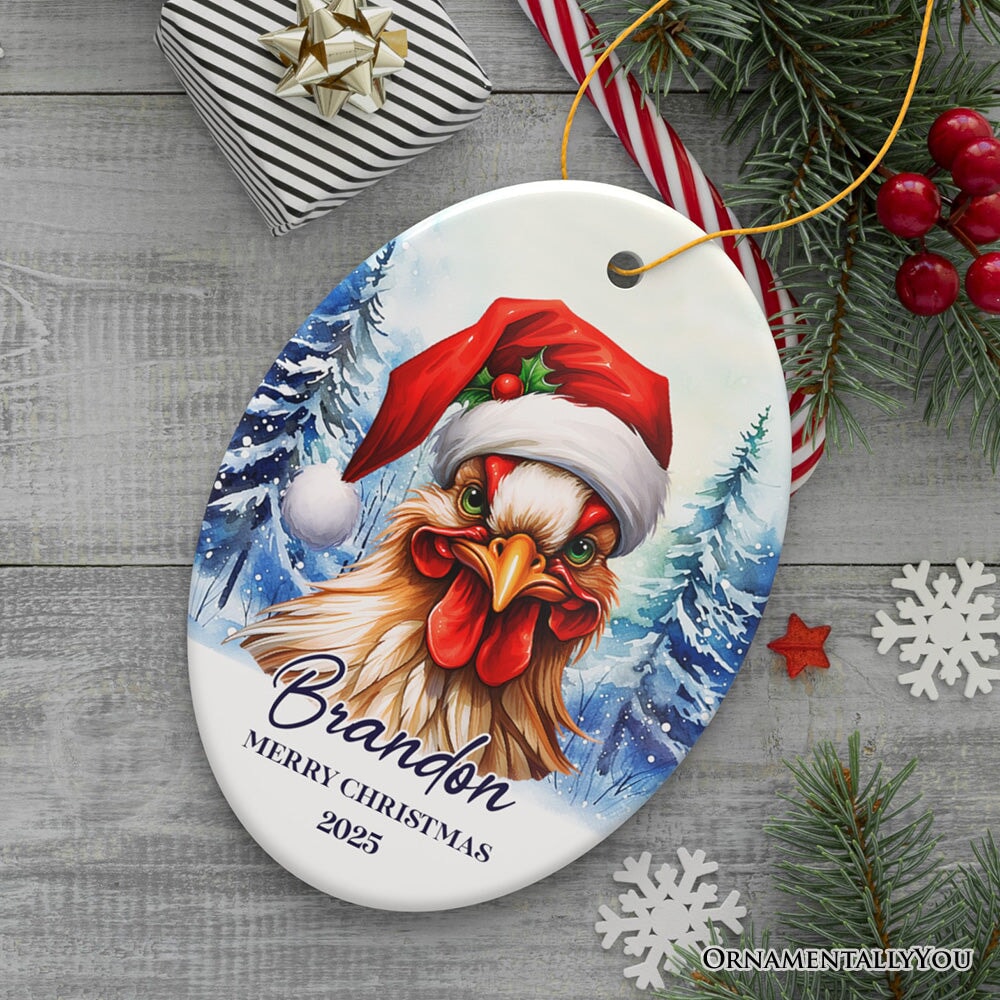 Rooster with Santa Hat Personalized Ornament Winter Forest Christmas Gift With Custom Name and Date