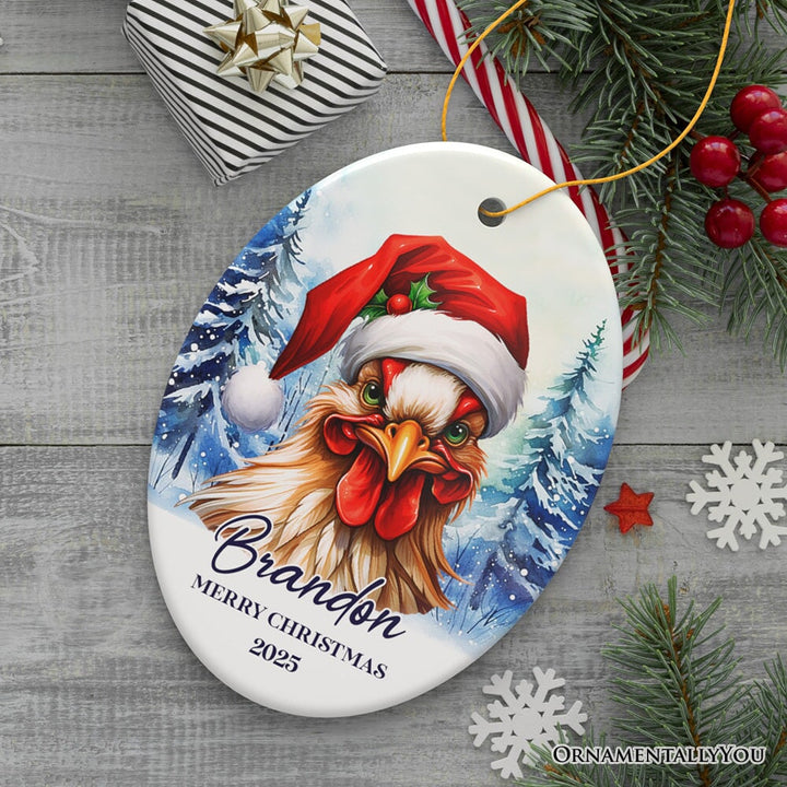Rooster with Santa Hat Personalized Ornament Winter Forest Christmas Gift With Custom Name and Date
