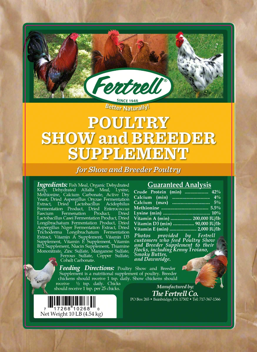 Fertrell High-Potency Breeder Supplement for poultry, 10 lb bag, supports fertility and feather health.