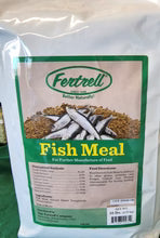 Fertrell Fish Meal poultry feed supplement in a white bag, 60% protein, 10 lb size, ideal for chickens.