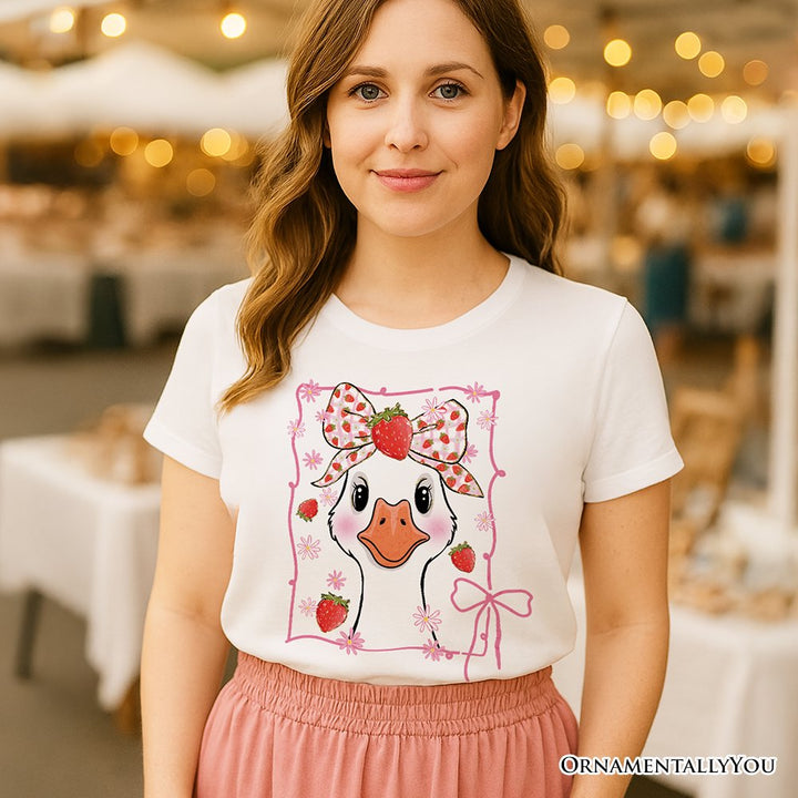 Coquette Goose with Strawberry Bow T-Shirt, Navy, Black and White Cute Tee