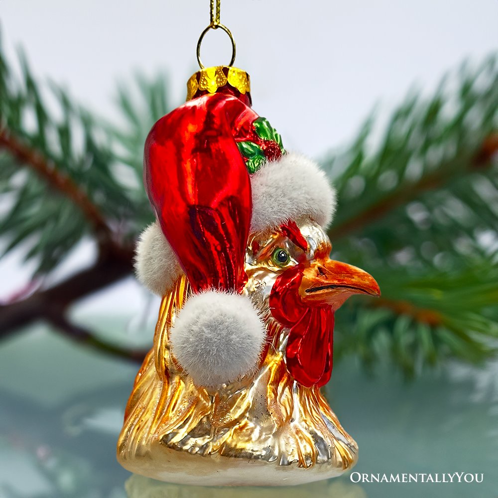 (Pre-Order) Rooster with Santa Hat Handblown Glass Christmas Ornament, Farm Chicken Holiday Decor