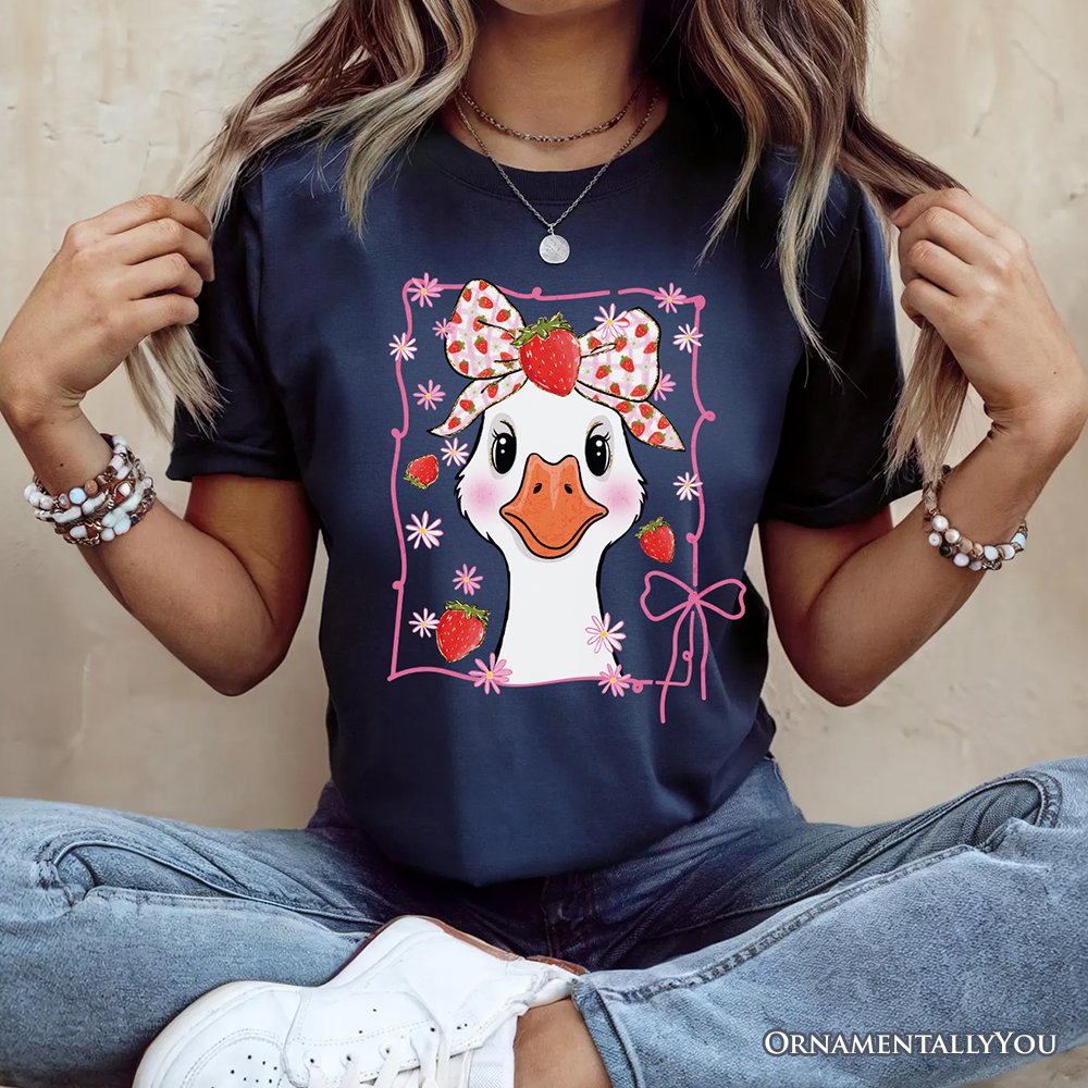 Coquette Goose with Strawberry Bow T-Shirt, Navy, Black and White Cute Tee