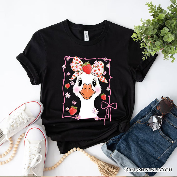 Coquette Goose with Strawberry Bow T-Shirt, Navy, Black and White Cute Tee