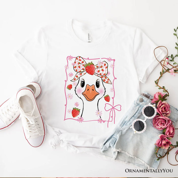Coquette Goose with Strawberry Bow T-Shirt, Navy, Black and White Cute Tee