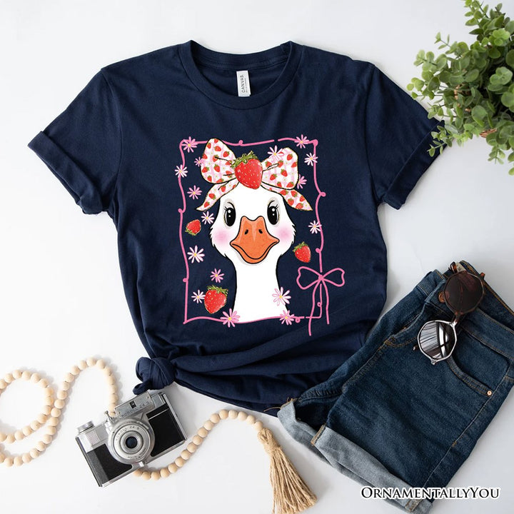 Coquette Goose with Strawberry Bow T-Shirt, Navy, Black and White Cute Tee