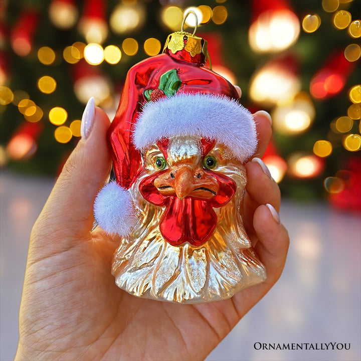 (Pre-Order) Rooster with Santa Hat Handblown Glass Christmas Ornament, Farm Chicken Holiday Decor
