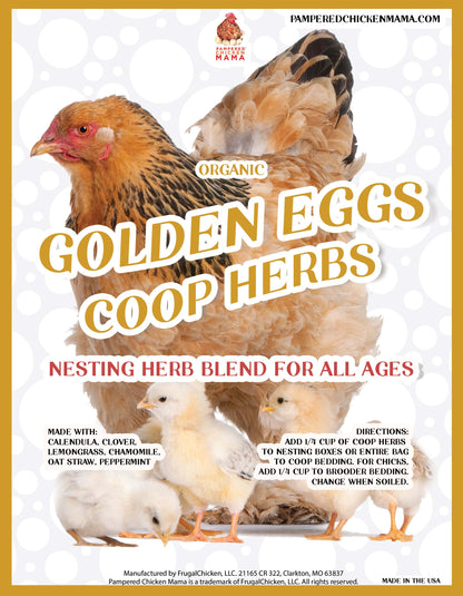 Golden Eggs organic nesting herb blend for chickens with calendula, chamomile, and peppermint, 10oz, 20oz, or 4lb.