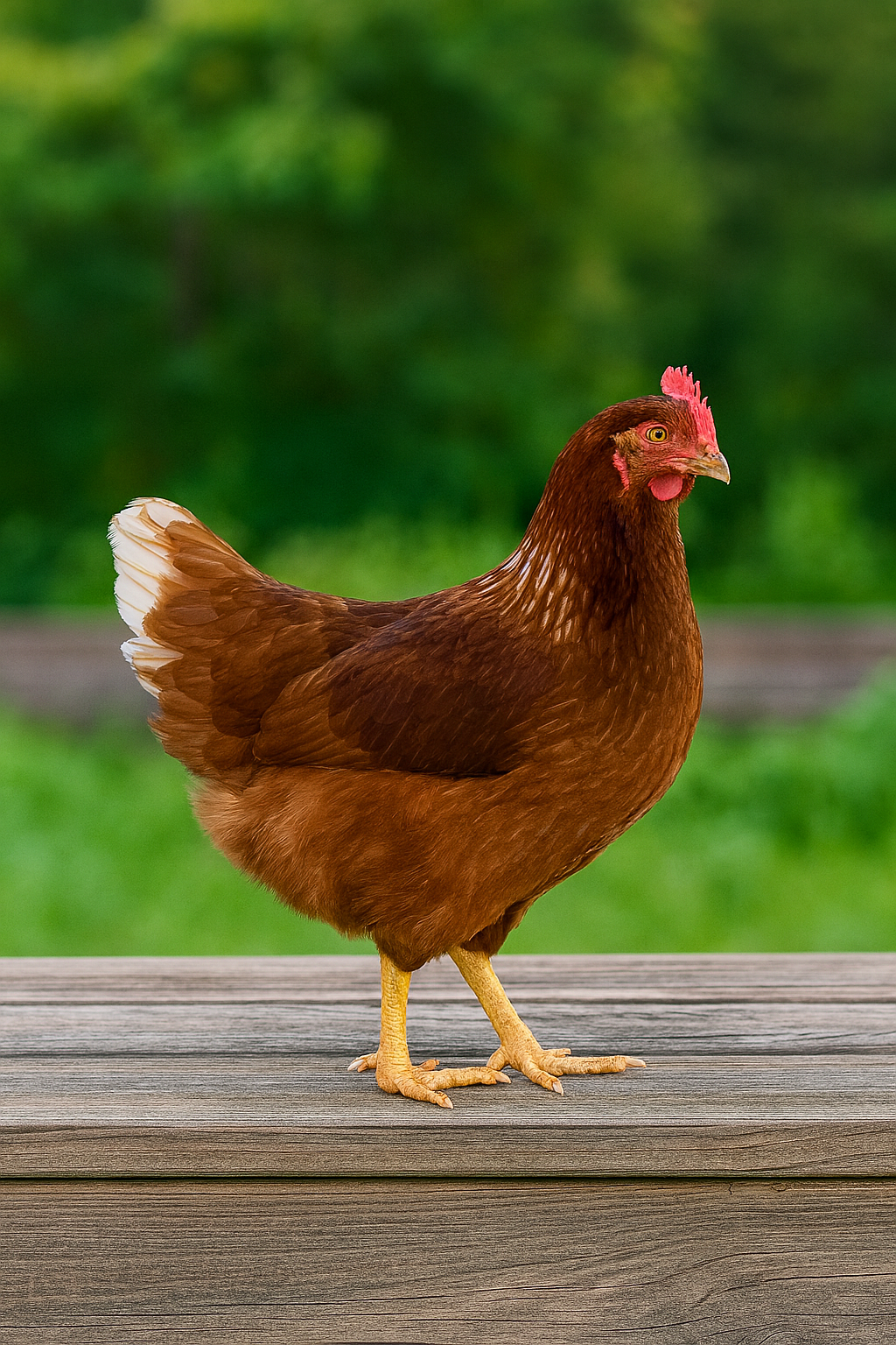 Golden Comet chicken standing on a wooden surface, showcasing its reddish-brown feathers and yellow legs.