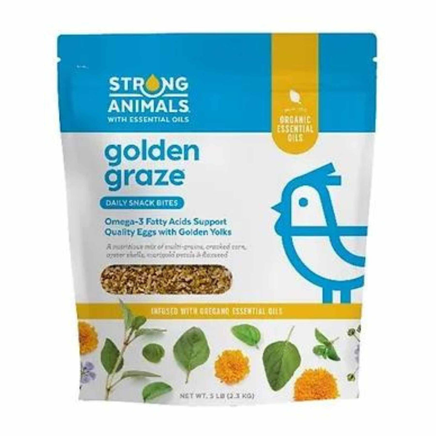 Golden Graze Chicken Feed Supplement with Omega-3, 5lb bag, suitable for backyard poultry and digestive health.