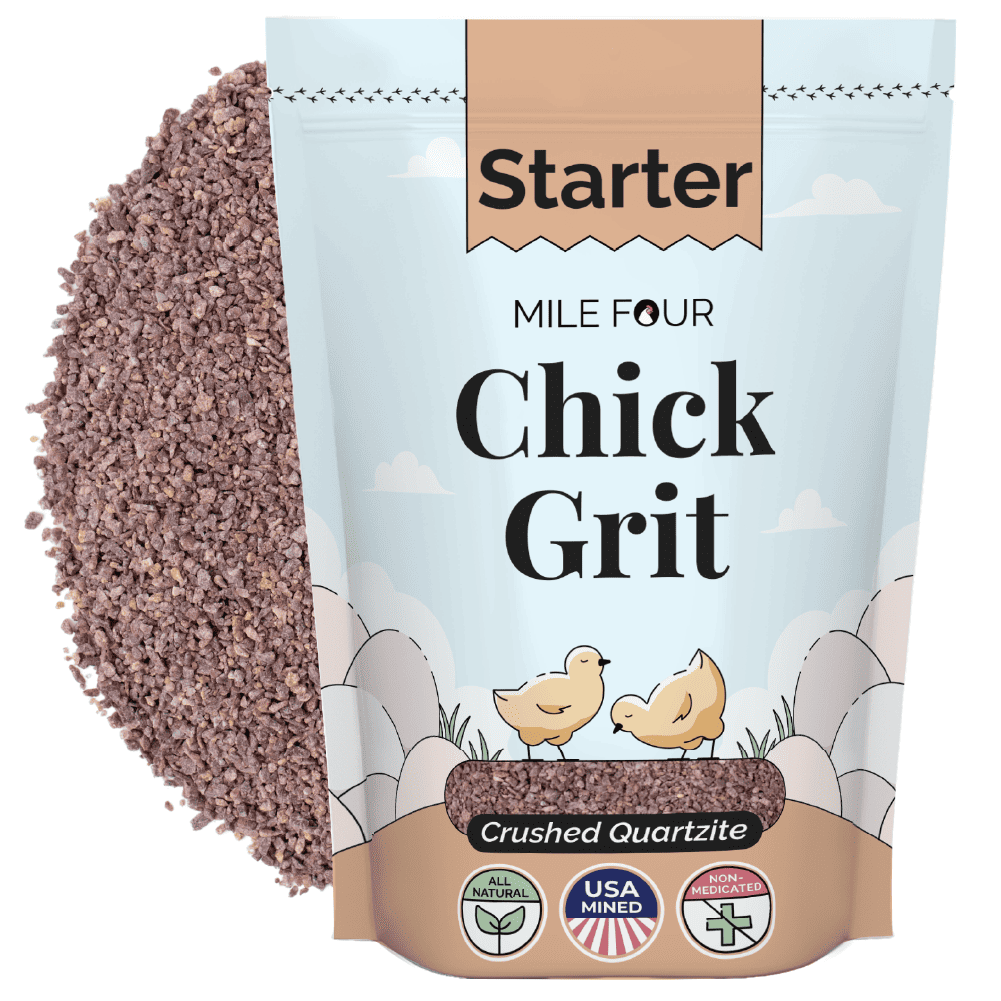 Premium Chicken Grit, a poultry digestive aid by Mile Four, in 4 lbs. packaging for Layer & Grower chickens.