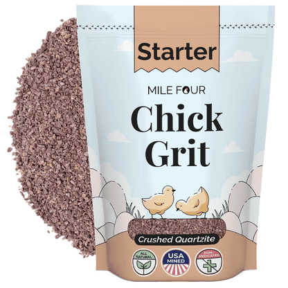 Premium Chicken Grit, a poultry digestive aid by Mile Four, in 4 lbs. packaging for Layer & Grower chickens.