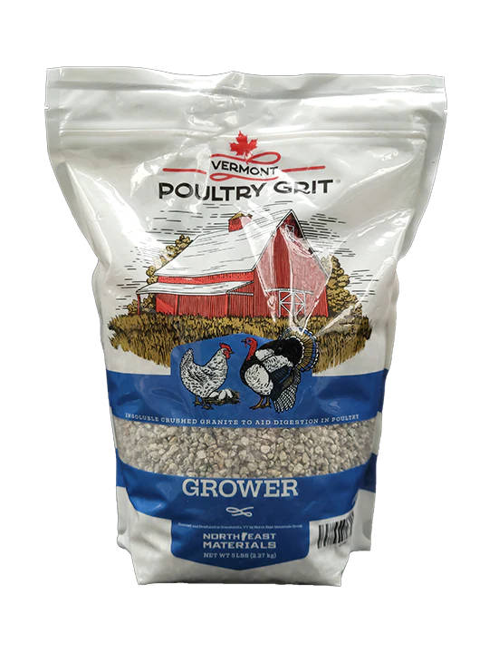 Crushed granite poultry grit in a 5 lb. bag labeled "Grower" with illustrations of chickens and a red barn backdrop.
