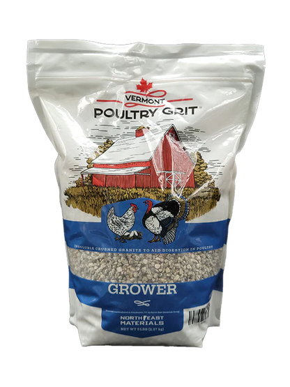 Crushed granite poultry grit in a 5 lb. bag labeled "Grower" with illustrations of chickens and a red barn backdrop.