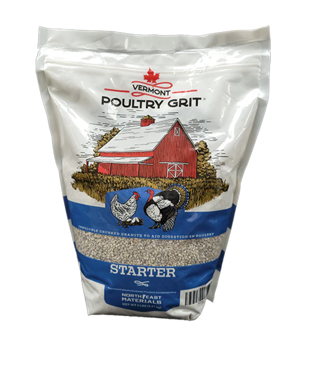 Crushed granite poultry grit in a 5-lb bag, labeled 'Starter Grit', suitable for chicks 0–3 weeks old, by Az Chickens.