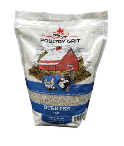 Crushed granite poultry grit in a 5-lb bag, labeled 'Starter Grit', suitable for chicks 0–3 weeks old, by Az Chickens.